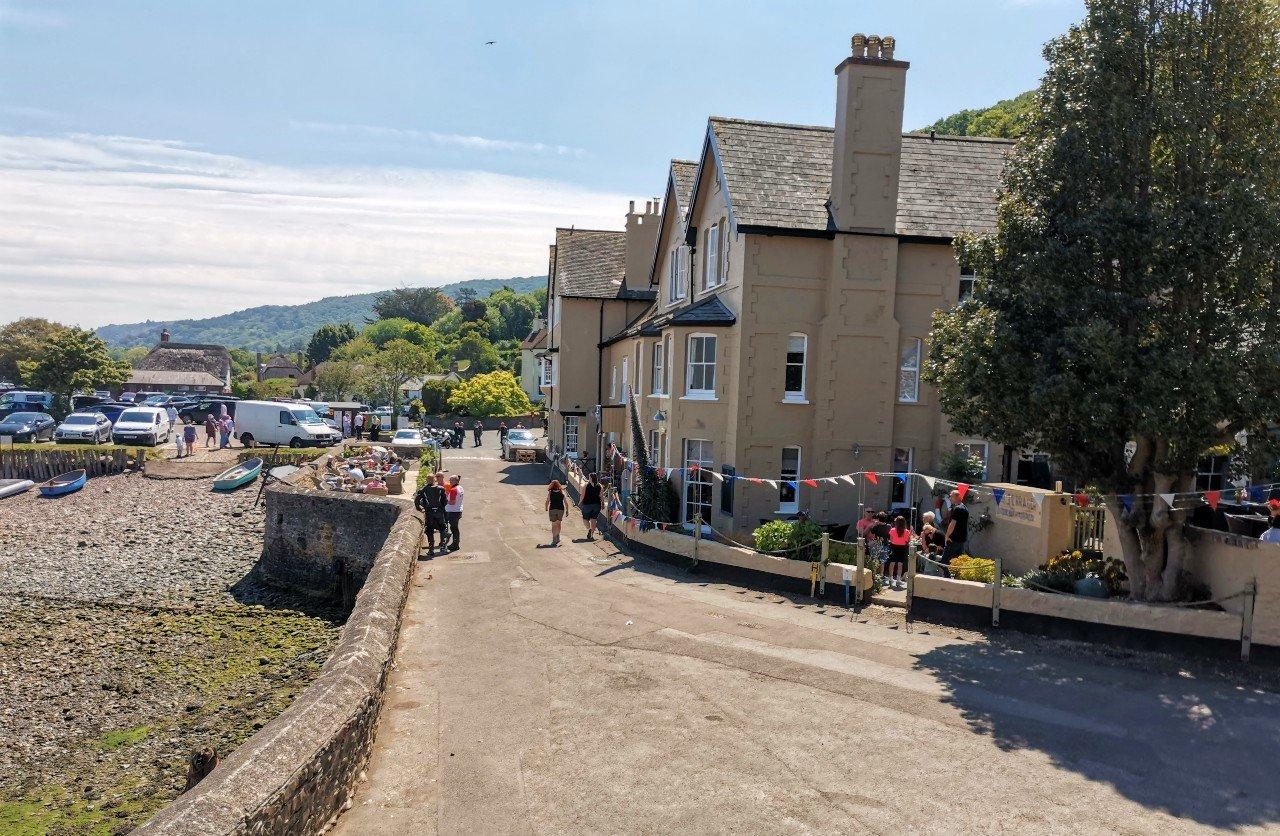 View of the Porlock Weir Hotel and harbour car park from the french doors leading onto the balcony.