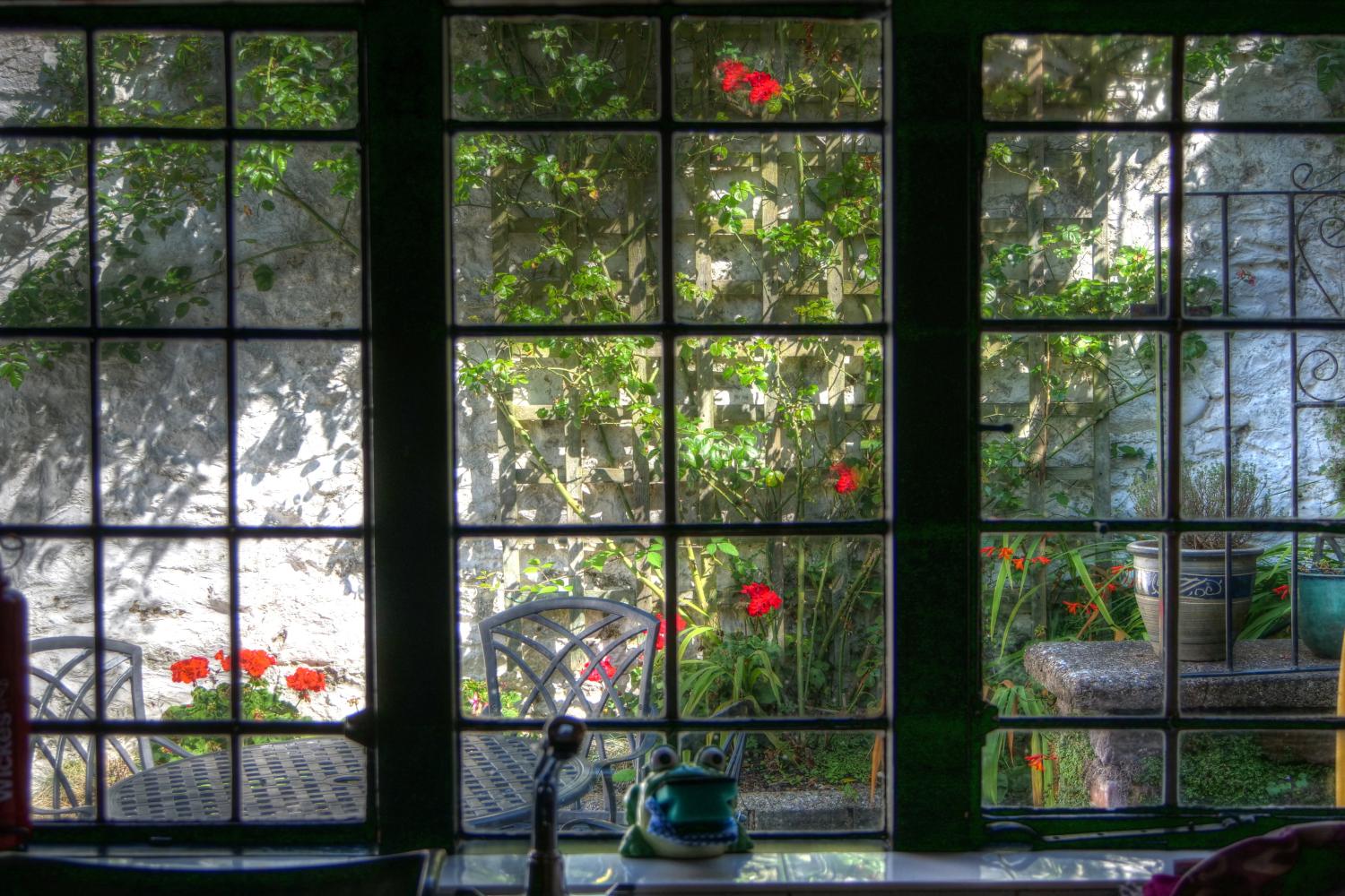 The view from the kitchen through Victorian windows