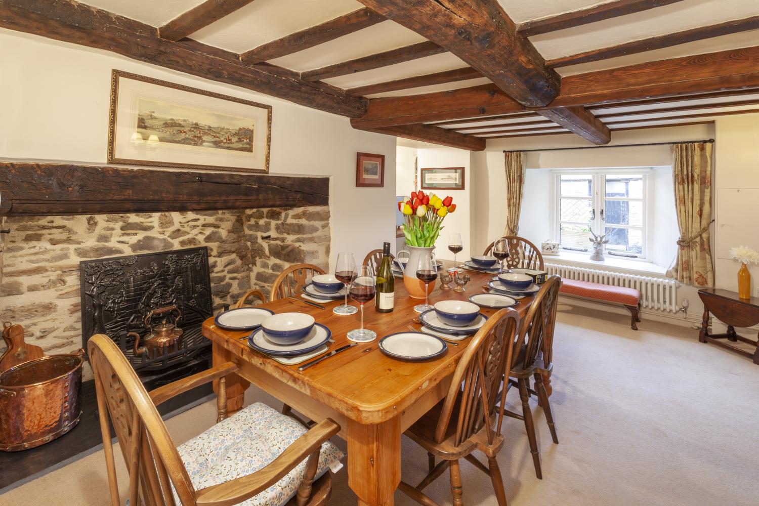 dining room table seats 8 (6 chairs in the picture but two extra in the kitchen if you need them)