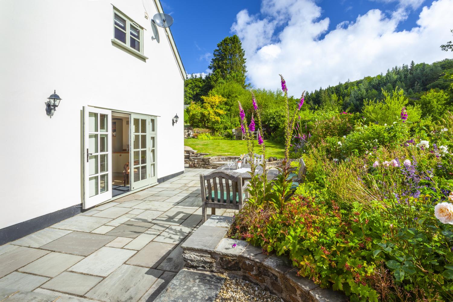 outside the kitchen looking out at lower garden